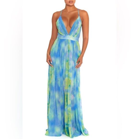 Luxxel blue green tie dye watercolor maxi dress, NWT - Picture 1 of 8